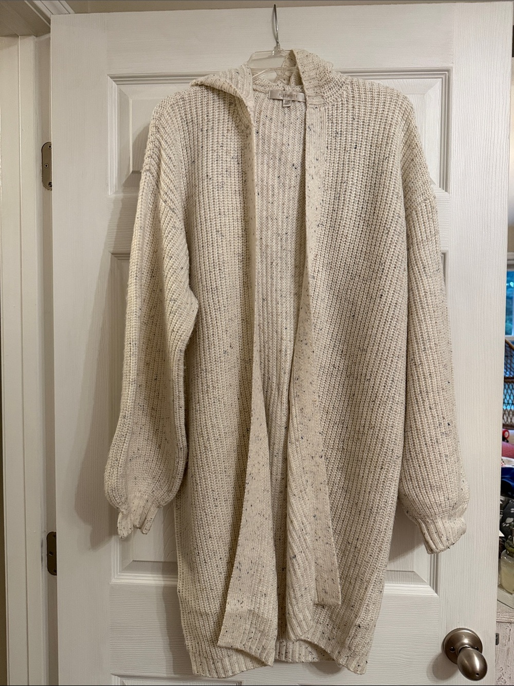Open-Front Cream Speckled Knit Hooded Sweater Cardigan